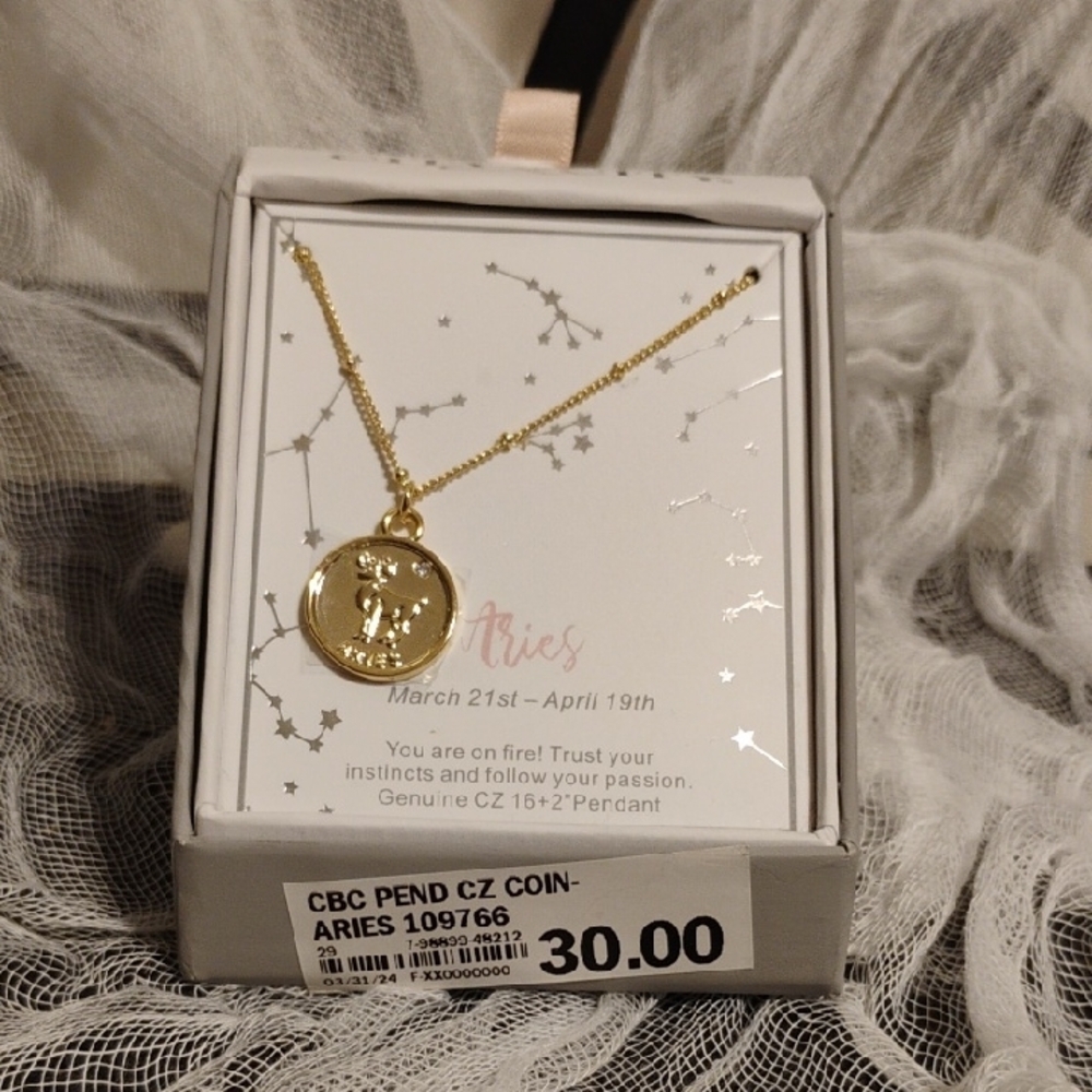 Elegant Gold Necklace with Round Aries Pendant with Genuine Cubic Zirconia